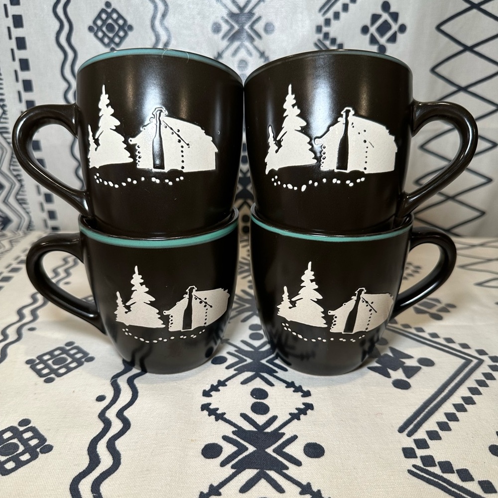 4 Bass Pro Shop CAMPING TENTS TREES Coffee Mugs - Black With Green Trim Ceramic